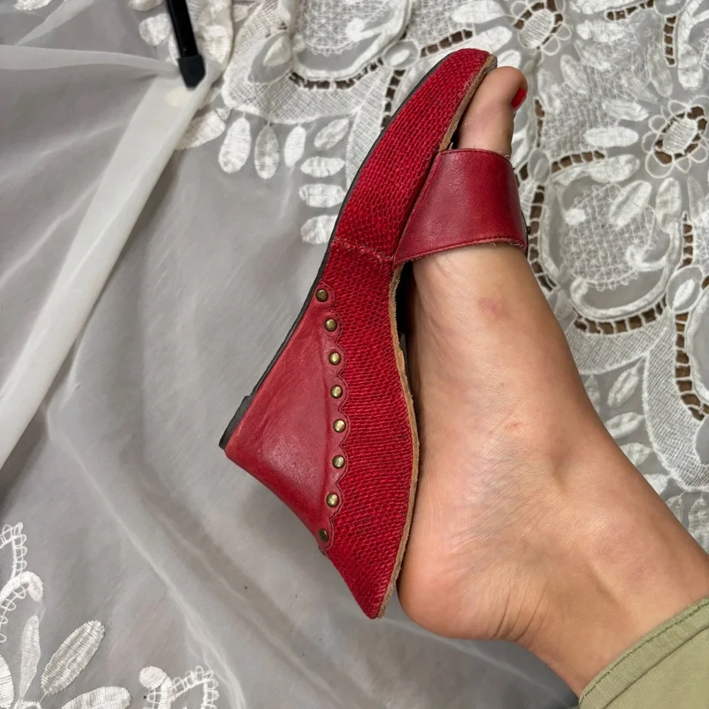 Y2K Pepe Jeans London Red Leather Woven Wedge Sandals Studded Platforms
